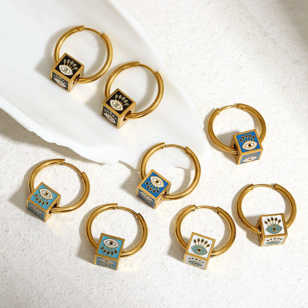 

Greatera 18K Gold Plated Stainless Steel Enamel Evil Eye Cube Beads Hoop Earrings for Women Multicolor Waterproof Jewelry 2024