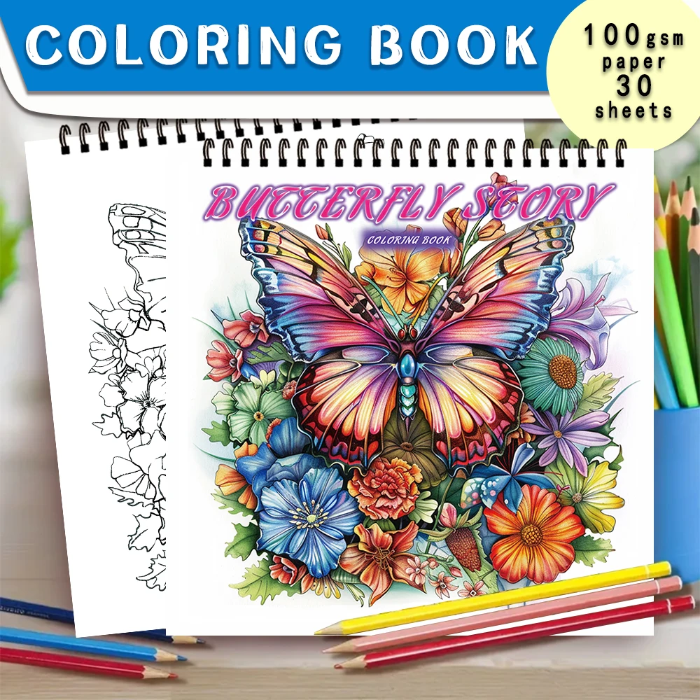 Spiral Colouring Book, 30 Sheets, 8.3x8.3 inch 100gsm Thick Paper, For Stress and Anxiety Relief, Halloween and Christmas Gifts