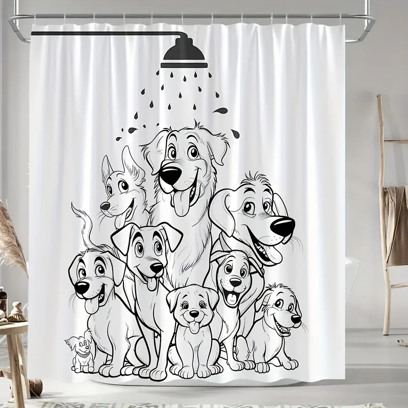 1pc Cute Dogs Bath Curtain - Shower Curtain with Hooks, Machine Washable Polyester Bathroom Decor Featuring Playful Puppy Design