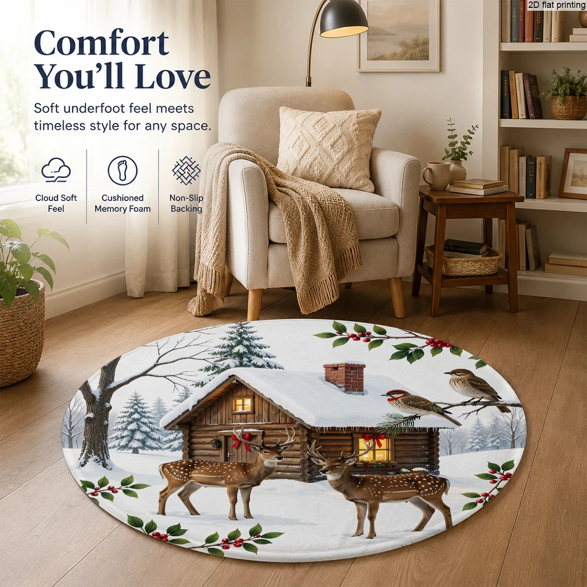 Dy8 (64) Round Small Rug with Christmas Deer, Wooden House, and Snow Scene Prints, 2D Flat Printing Technology, Soft and Skin-Friendly, Easy to Clean, Machine Washable, Non-Slip, Wear-Resistant Backing, Suitable for Bedroom, Living Room, Bathroom, Indoor Floor Decoration, Available in Multiple Sizes, Comfortable to Step on - view 5