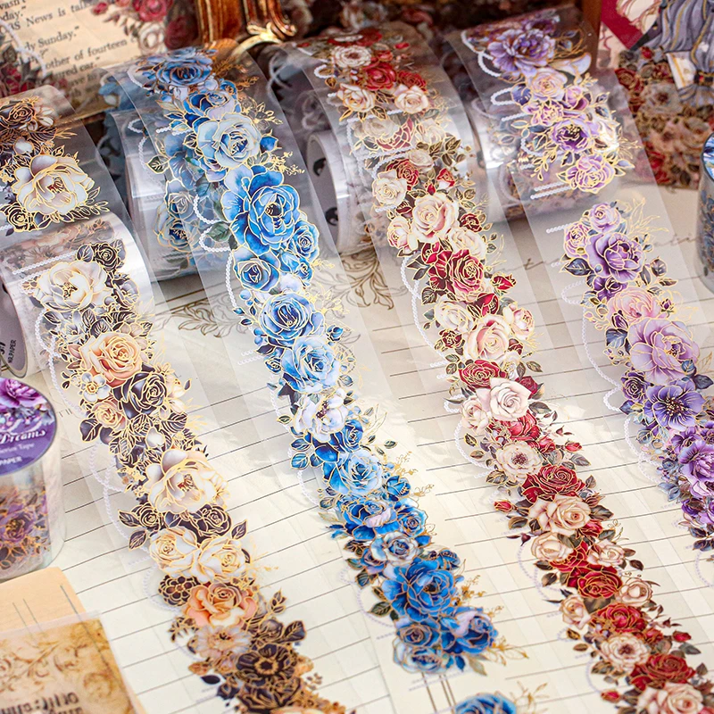 1 Rolle 2 m PET-Heißprägeband Retro Exquisites Rosenblütenband Landschaft Collagenmaterial DIY Fotorahmen Notizbuch Dekoration
