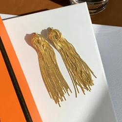 Titanium With 18k Gold Long Tassel Drop Earrings Women Stainless Steel Jewelry Party Boho T Show Gown Runway Rare Korean Japan
