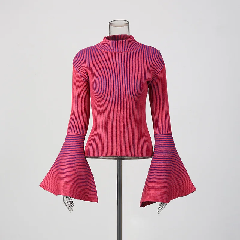 EAEOVNI Fashion Design maglione lavorato a maglia O collo manica svasata a righe streetwear camicetta top casual 2026 autunno inverno nuovi vestiti