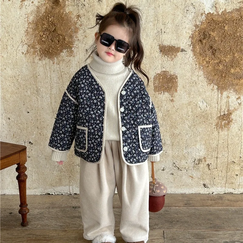 Girl Coat 2023 Winter New Korean Style Children Clothing for Girl Floral Quilted Lightweight Cotton Clothing Vintage Floral Coat