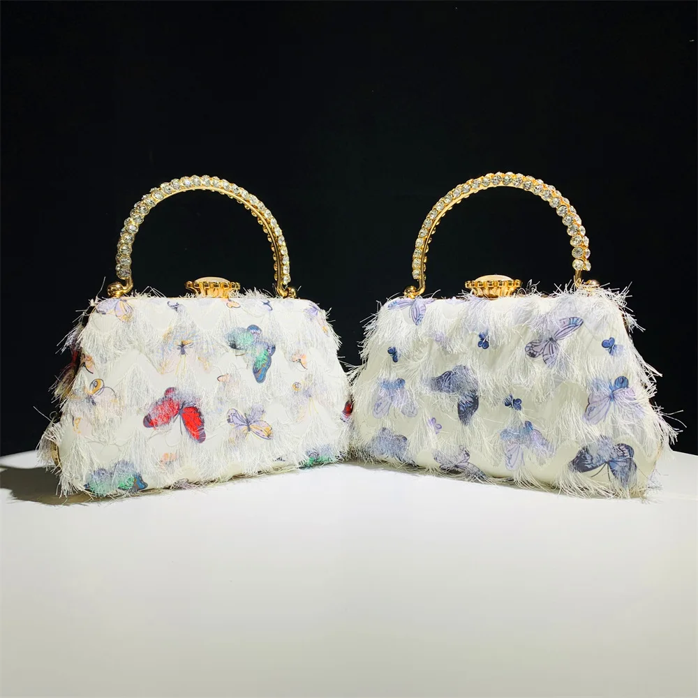 Fine Fashion Butterfly Embroider Evening Bags Metal Rhinestone Handle Handbags For Women Wedding Party Tassel Small Clutch Purse