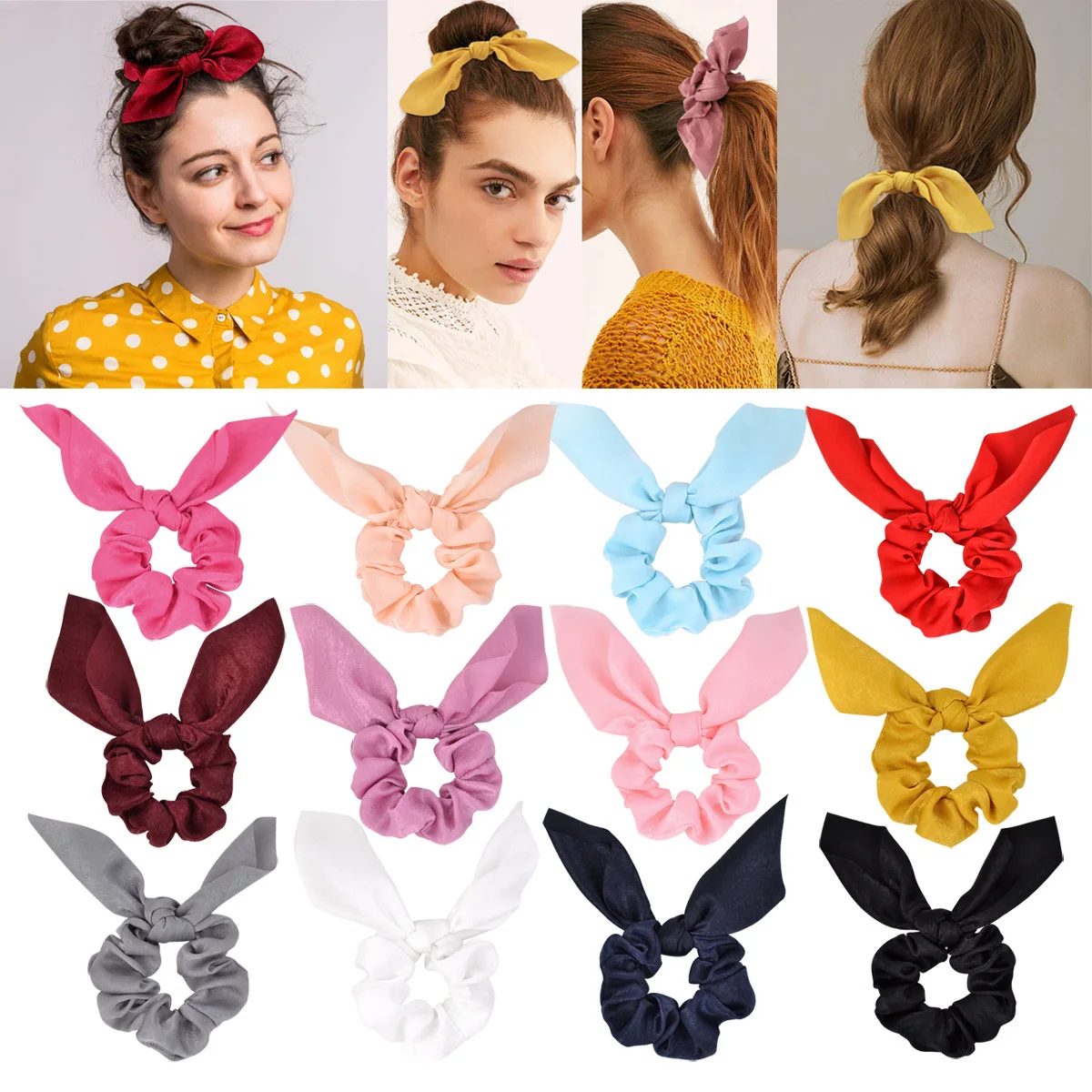 Chiffon Bowknot Silk Hair Scrunchies Women Rabbit Ear Ponytail Holder Hair Ties Hair Rope Rubber Bands Headwear Hair Accessories