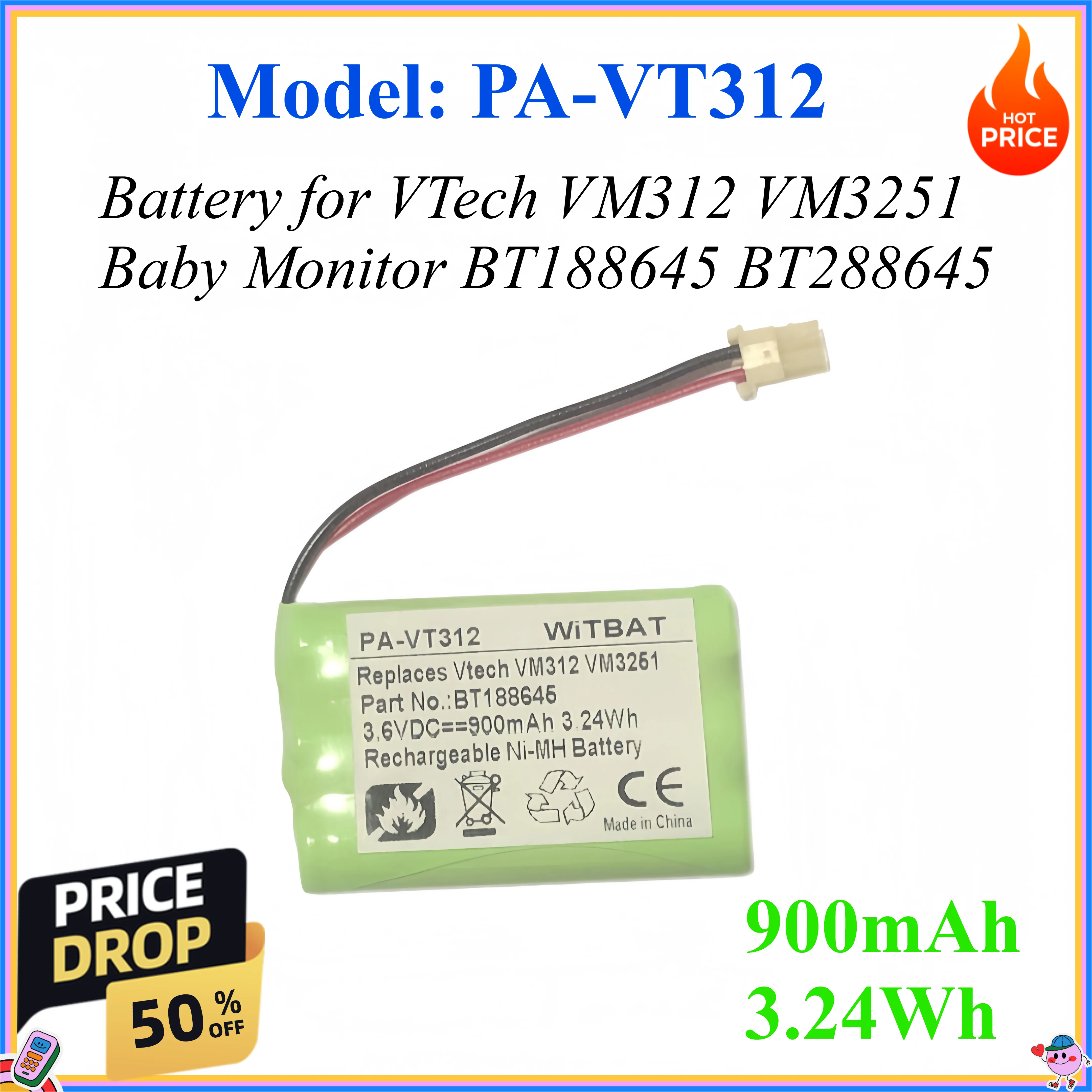 900mAh 3.24Wh Battery for VTech VM312 VM3251 Baby Monitor BT188645 BT288645