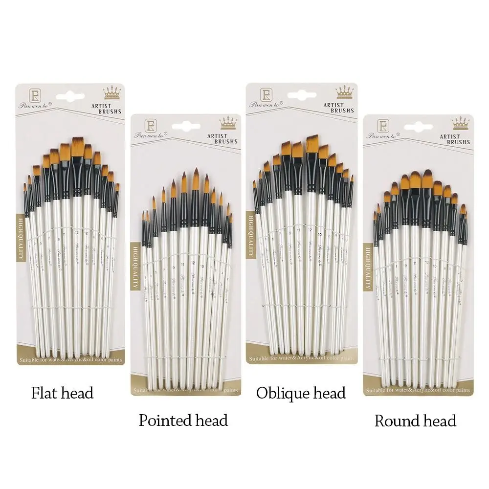 

12 шт., набор нейлоновых акварельных кистей, мягкие волосы, художественные кисти для начинающих, нарисованные вручную акварельные художники, заостренные круглые кисти для рисования с плоской головкой