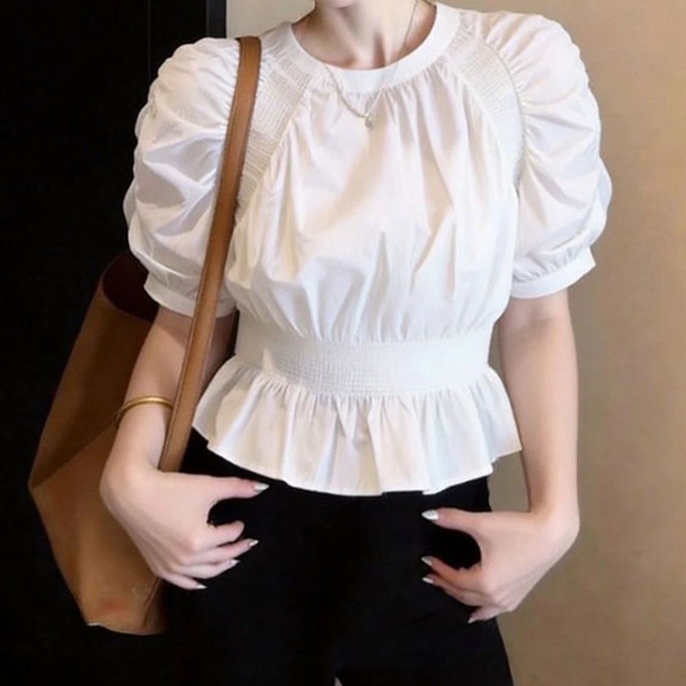 French fashion foreign style high-grade shirt bubble sleeve crew neck top 2026 summer new age-reducing white shirt