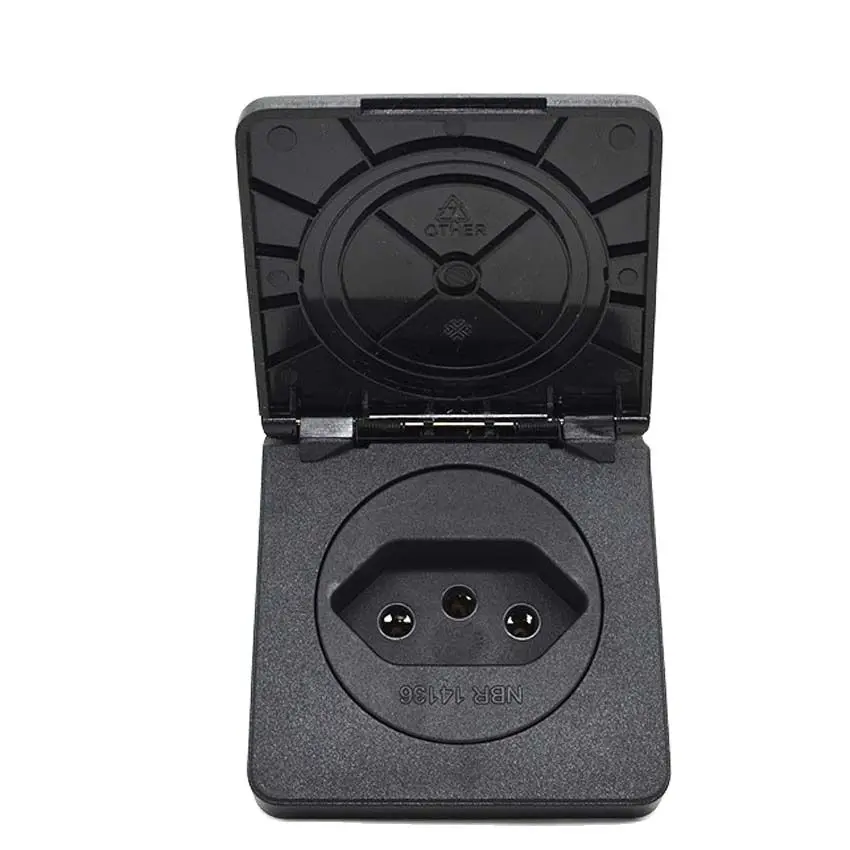 Black 20A Multifunction 2P+E Brazil 60*60mm Outdoor Industry Waterproof Cover AC Power Panel Outlet Wired Receptacle Socket