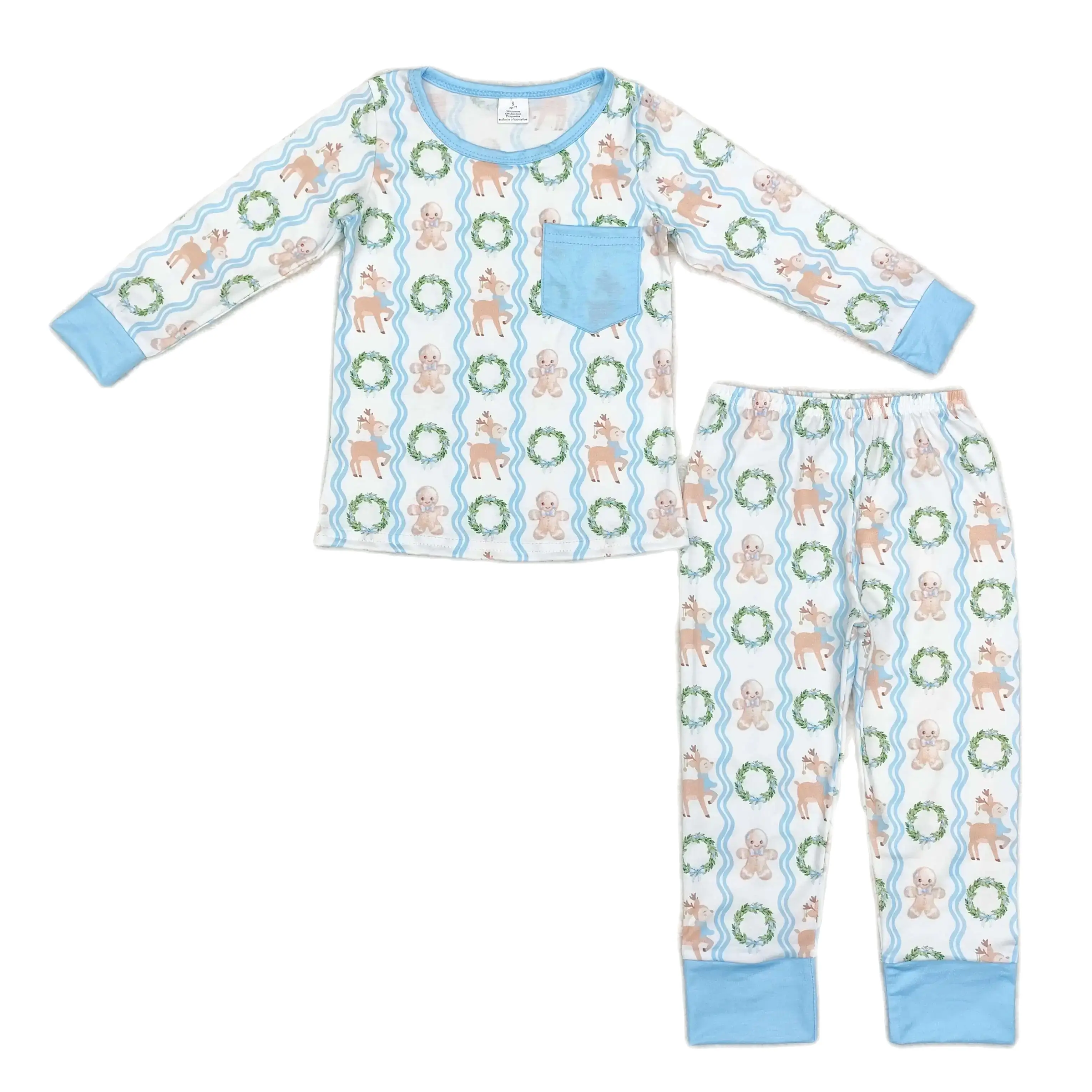 Wholesale Baby Boy Christmas Gingerbread Deer Pocket Nightwear Children Plaid Pants Sleepwear Set Kids Toddler Pajamas Outfit