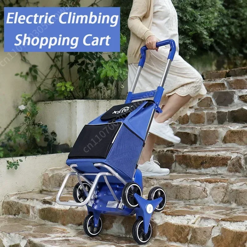 Electric Stair Climbing Shopping Cart, 6 Wheels Motorized Foldable Grocery Trolley, Portable Rolling Utility Cart for Elderly