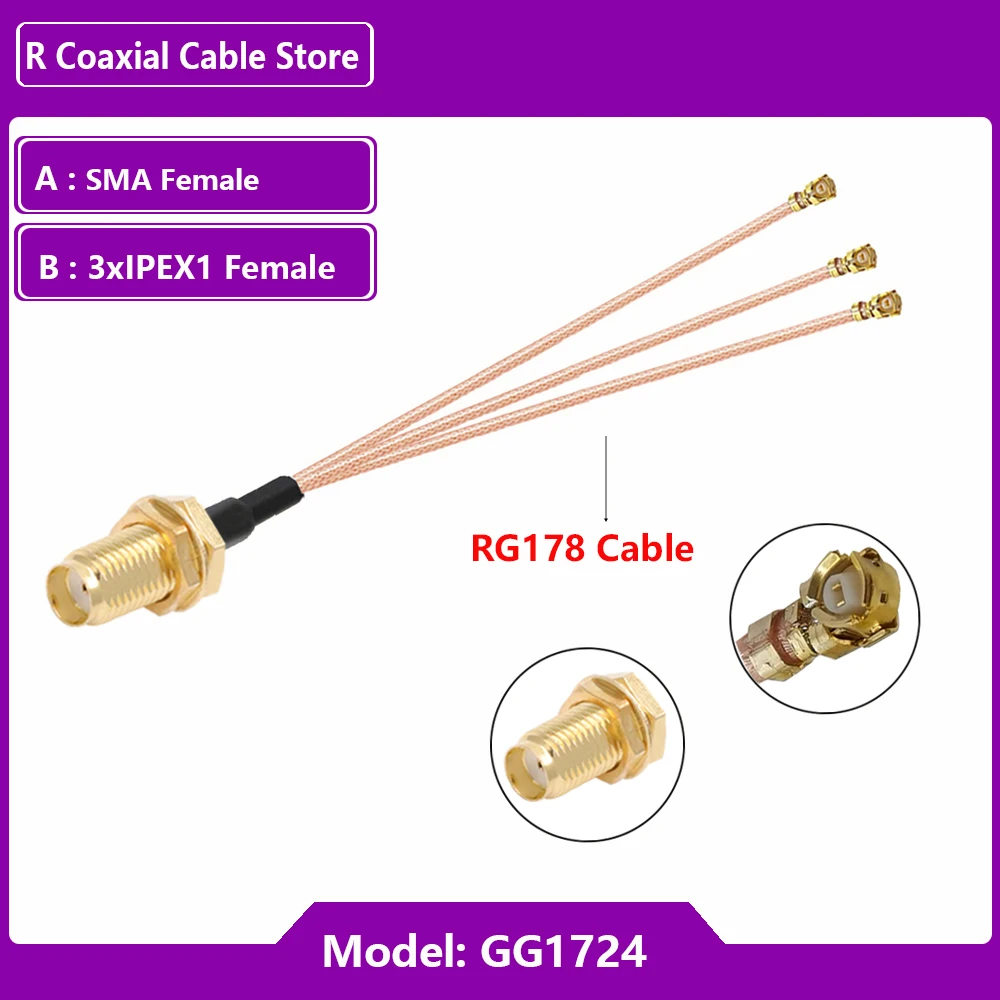 1PC SMA to 3 u.FL IPX IPEX1 Female Jack 1 to 3 Triple Splitter Cable RG178 Pigtail WIFI Antenna Extension Cable Jumper