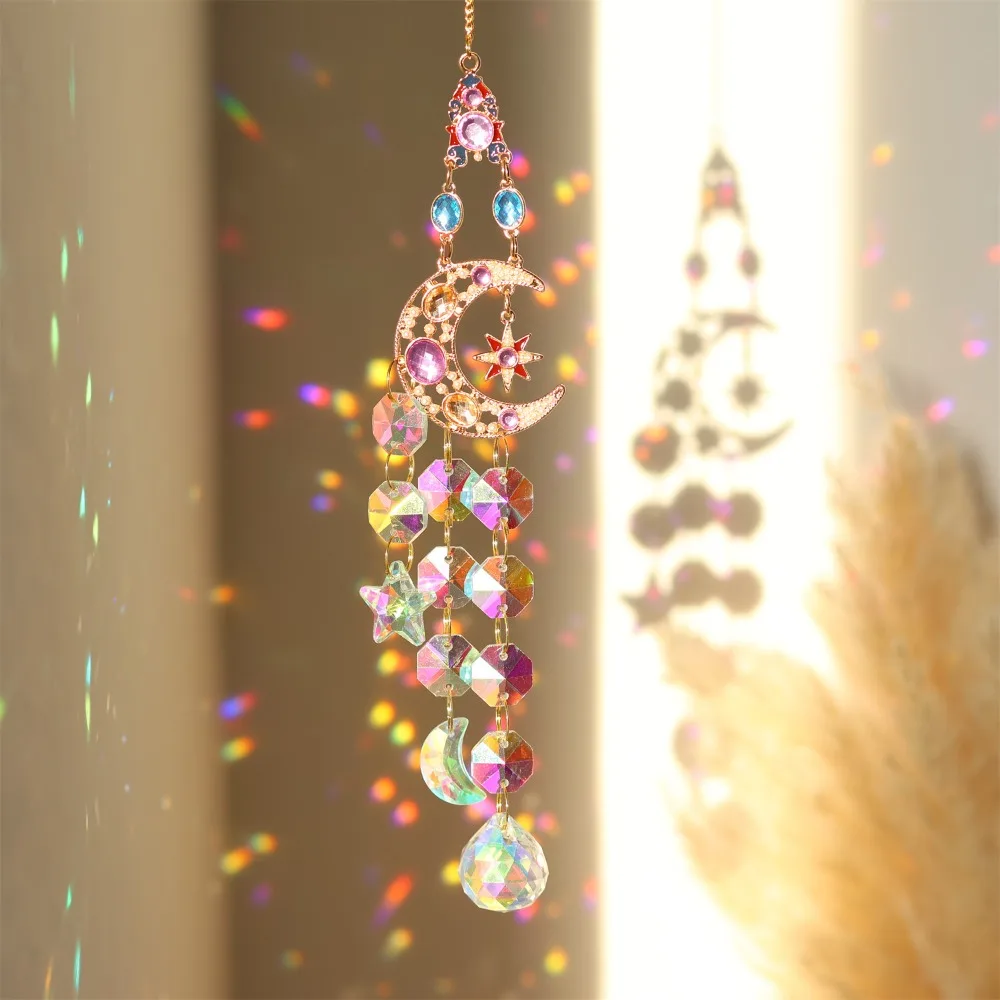 Iridescent Crystal Sun Catcher Moon Star Butterfly Heart Prism Window Hanging Light Ornament Home Wedding Christmas Decor Gifts