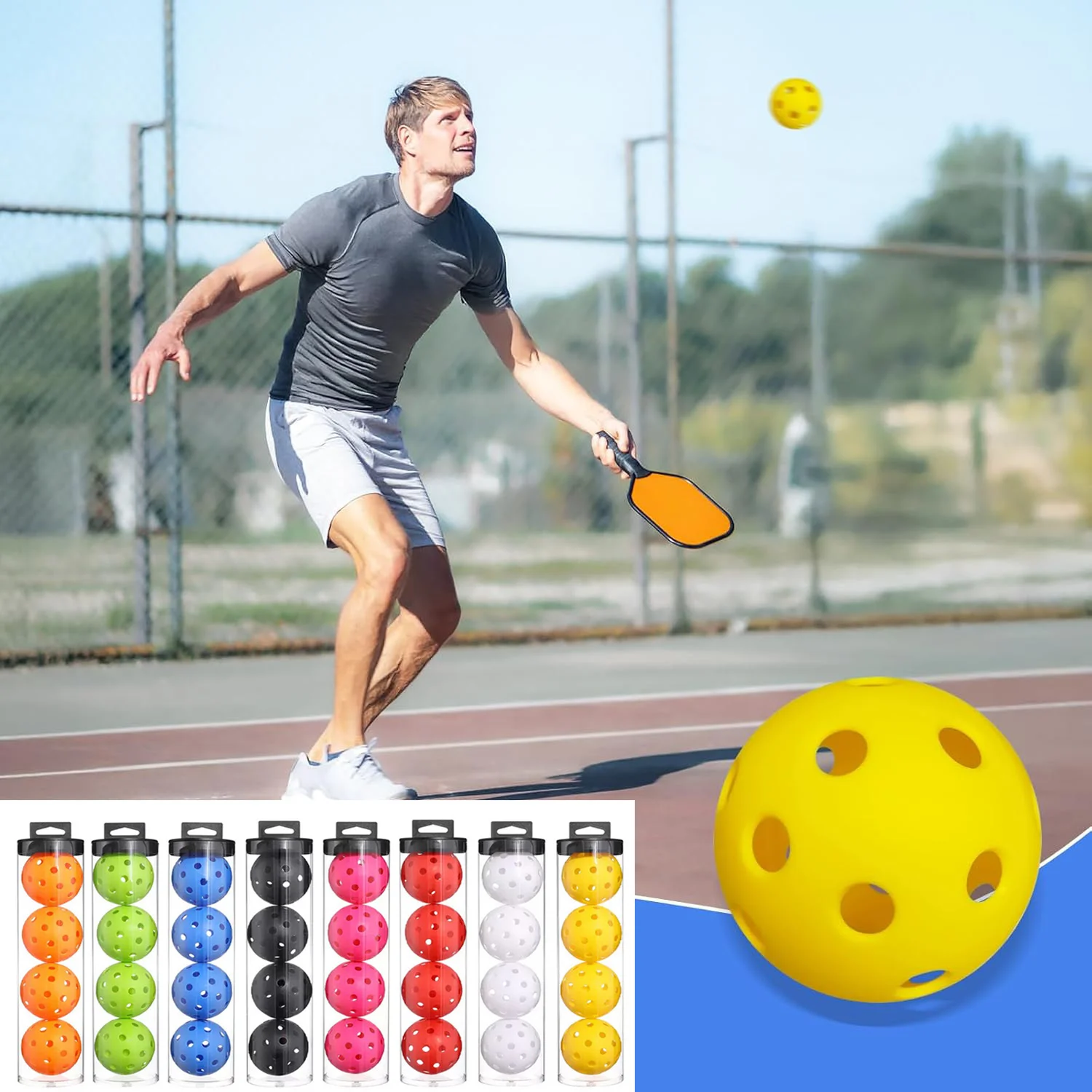 Clear Cylindrical Pickleball Storage Display Tube + 4Pcs 74mm 40-Hole High Bounce Balls for Pickleball Tennis