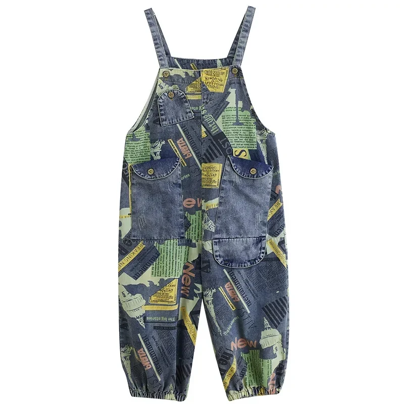 Women's Summer Loose And Retro Denim Strap Pants Printed Large Pockets 2024 Female Korean Fashion Harlan Nine Division Jumpsuit