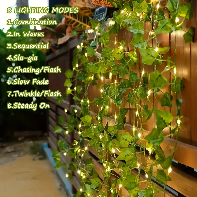 

1pc Solar Powered Artificial Ivy Vine Light 100 LED Outdoor Fairy Light 8 Modes Leaf String Lights for Patio Wedding Party Decor