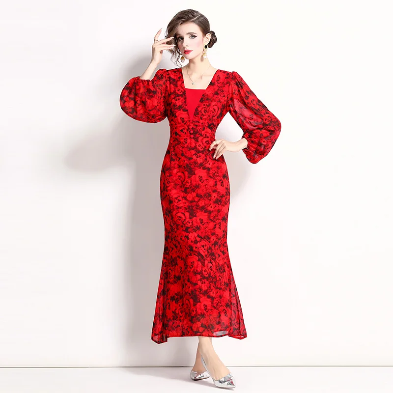 

New Spring Summer Print Flower Casual V Neck Lantern Sleeve Casual Office Fashion Vintage Boho Holiday Party Dresses