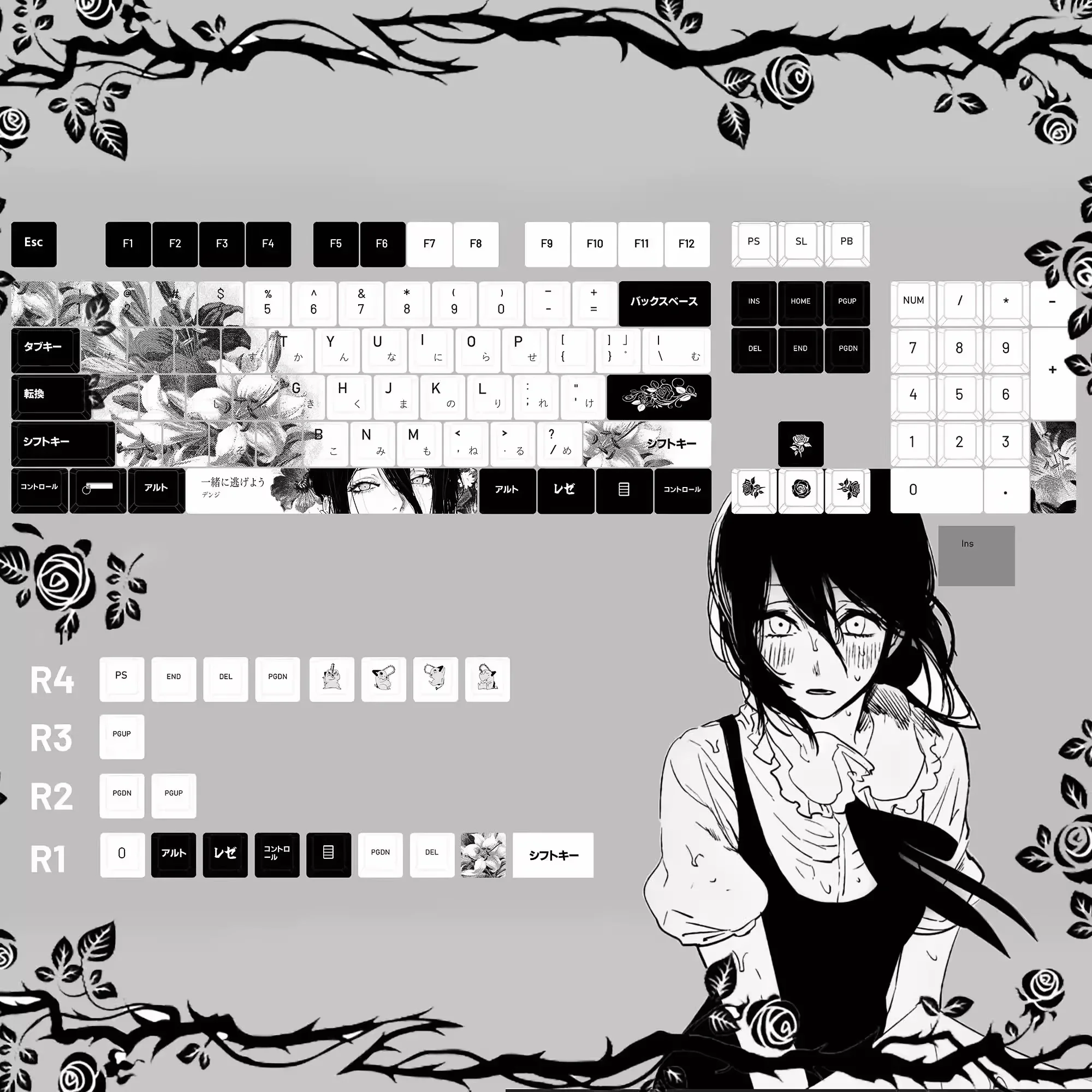 White Black Anime Theme Keycaps Set Customized PBT Sublimation Cherry Profile Keyboard Caps for Mechanical Keyboard Gifts