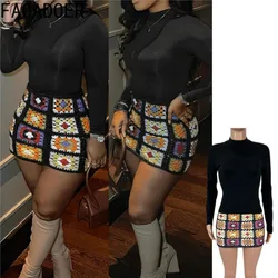 FAGADOER Fashion Color Block Knitt 2 Piece Sets Women Outfit Solid Long Sleeve Crop Top And Hollow Flower Skirt Suit Streetwear