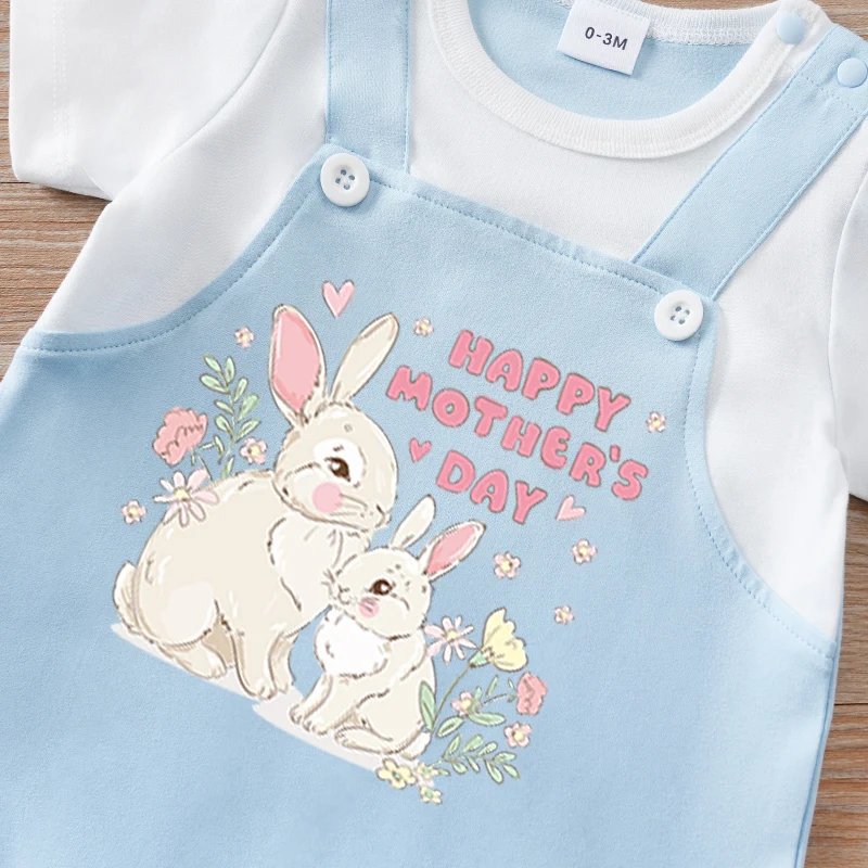 بدلة صيفية للأطفال حديثي الولادة مكونة من 3 ألوان مكونة من قطعتين مطبوعة على شكل أرنب لعيد الأم وأكمام قصيرة ورقبة مستديرة