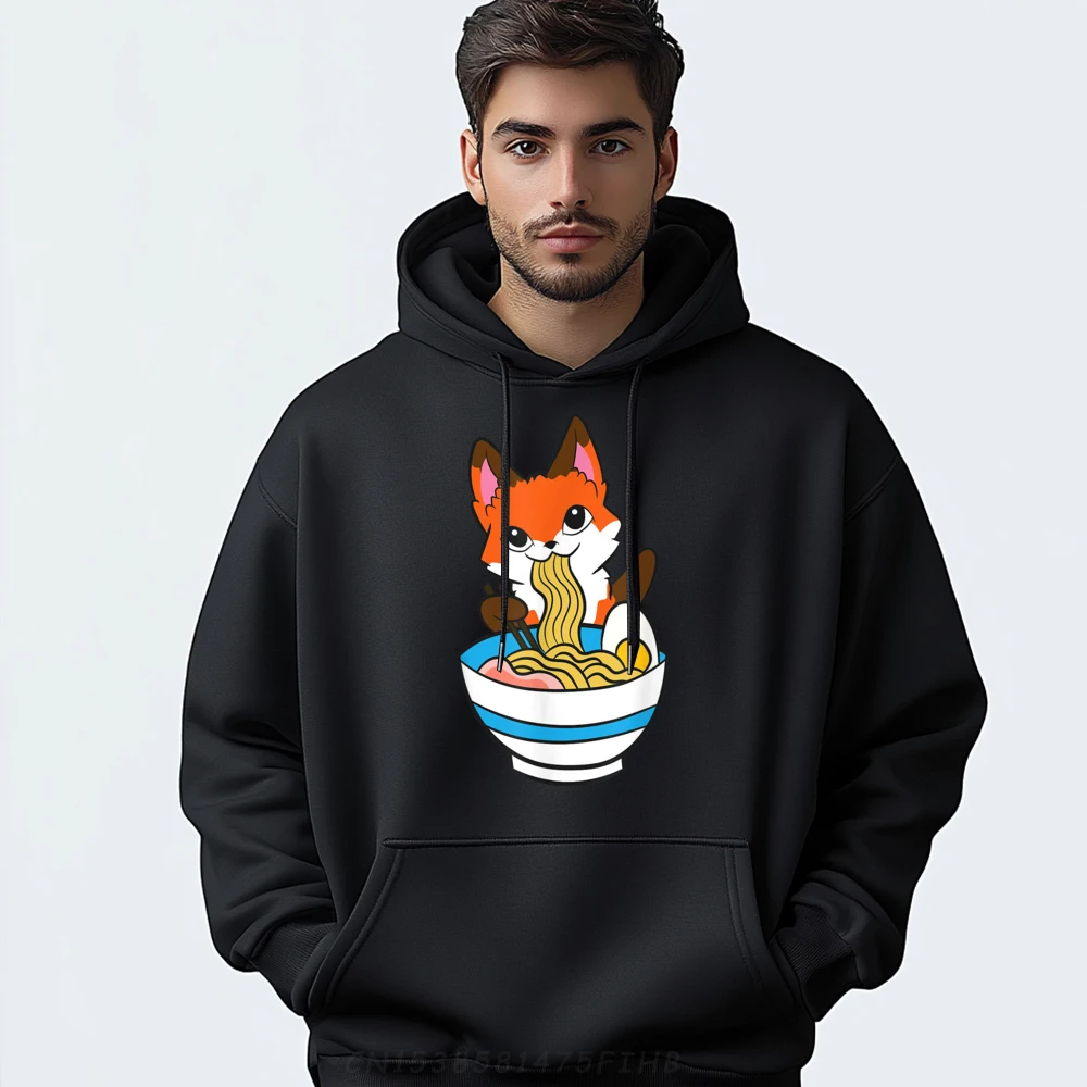 Cute Fox Eating Japanese Ramen Noodles Graphic Tees Cheap Graphic Sweatshirts For Men