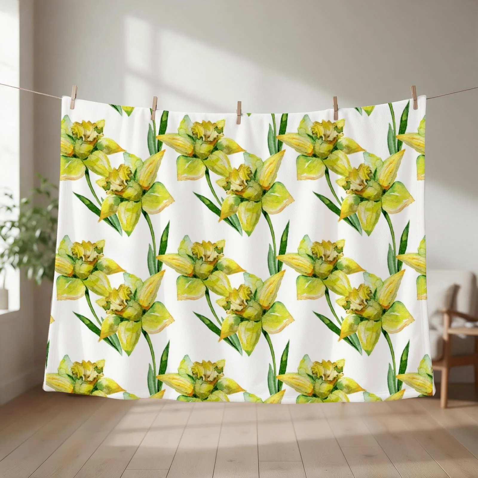 Spring hand painted yellow green watercolor daffodils floral Throw Blanket couch cozy soft plush fuzzy picnic outdoor blanket