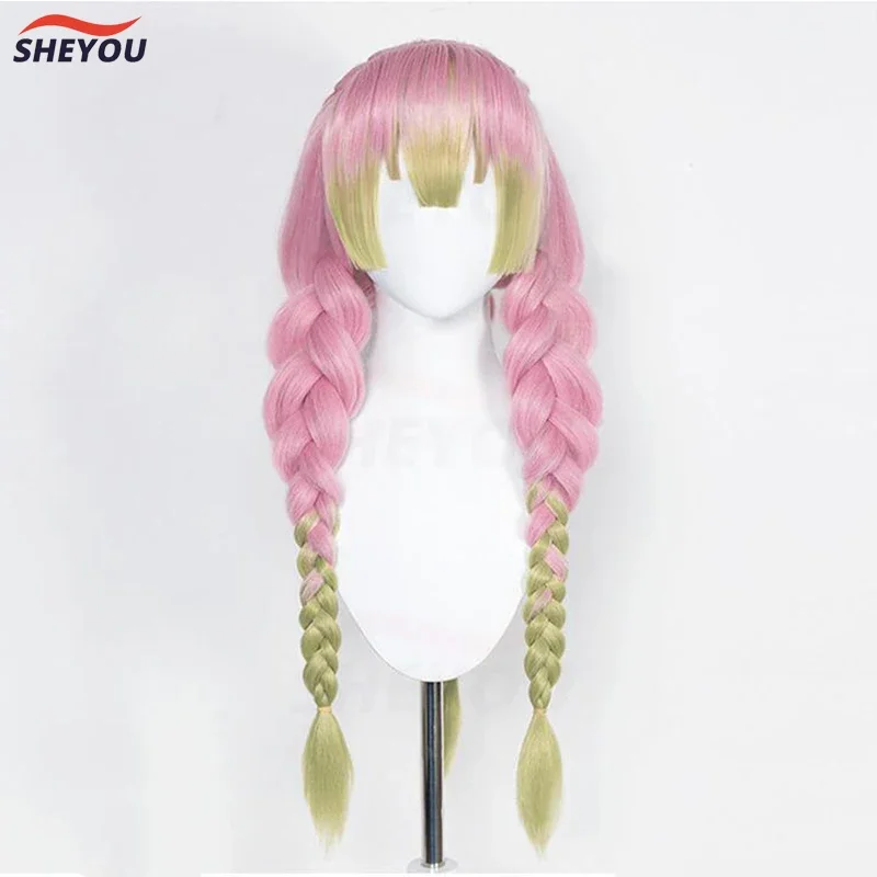 Anime mituri kanroji cosplay wig long pink green braid heat resistant hair authentic cosplay wigs wig cap