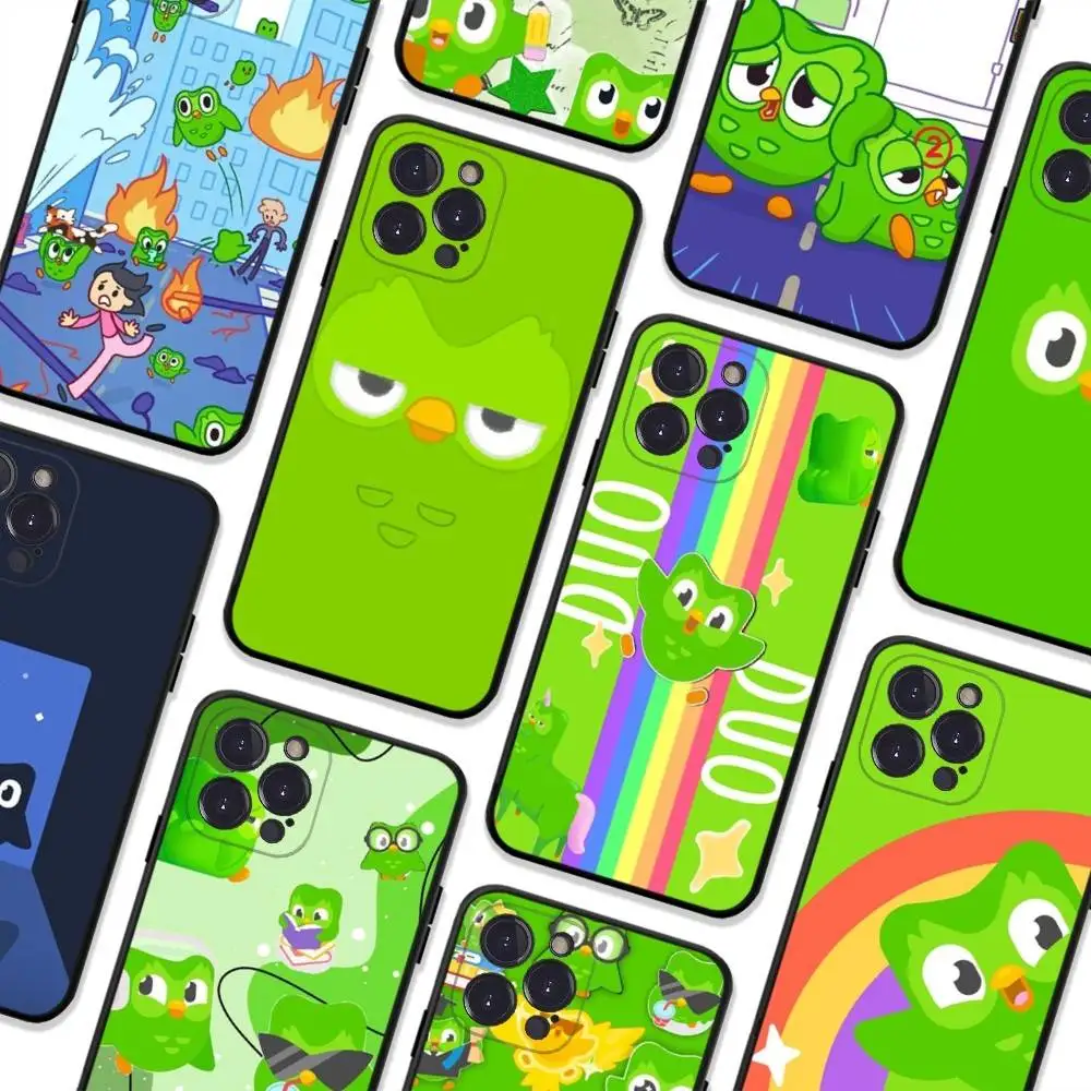 

Popular D-Duolingo Green Owl Black Soft Phone Case For IPhone 16 15 14 13 11 12 17 Pro Max Mini Plus