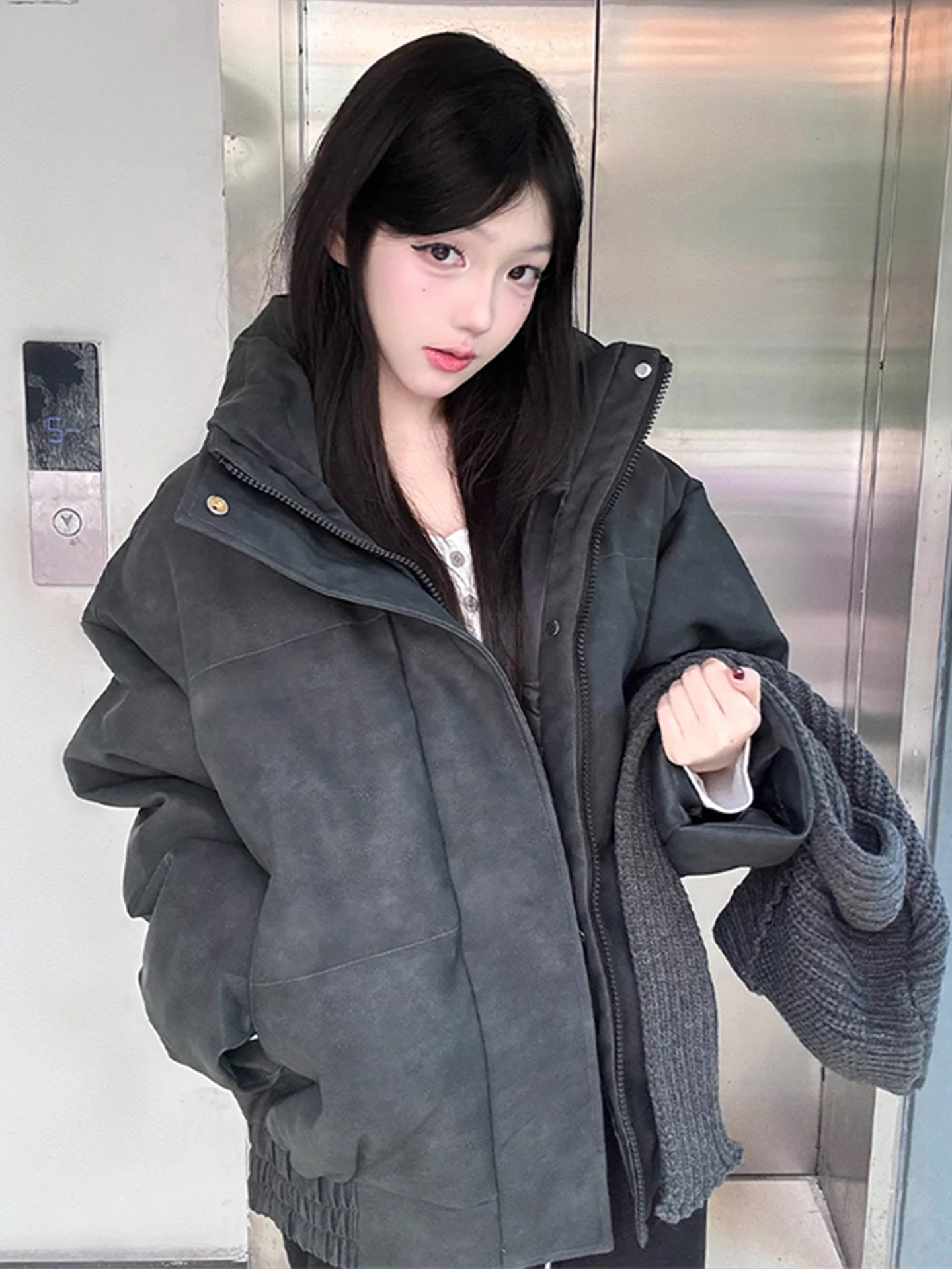 

Warmth Thiened ort PU Leather Dyed Cotton Jaet Stand Collar Bread Cotton Coat for Men And Women Winter Cleanfit Outerwear