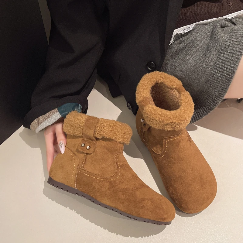 الشتاء الثلوج الأحذية الجديدة جولة تو عميق الفم الدافئة عدم الانزلاق لينة وحيد عدم الانزلاق مقاومة للاهتراء أحذية قطنية مسطحة