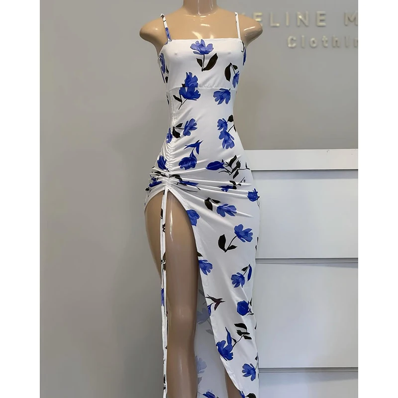 

Women's 2025 New Flower Print Suspender Dress Leisure Holiday Strapless Slim Beach Mopping Long Skirt Hem Split Beach Dress