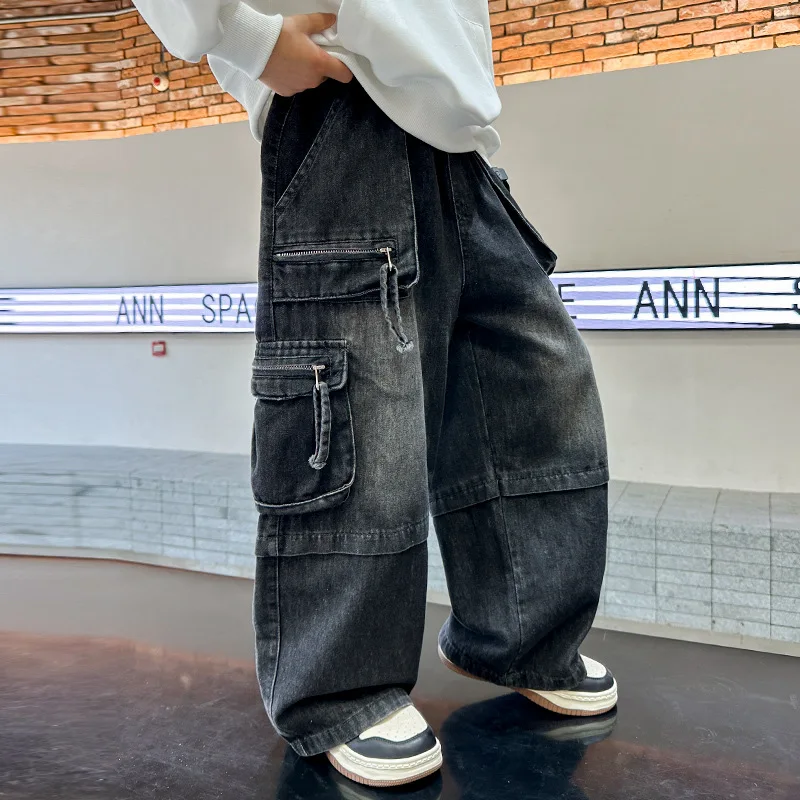 Kids Pants New Spring Boy Fashion Korean Casual Simple Style Baggy Children Cool Jeans Cowboy Wide Leg
