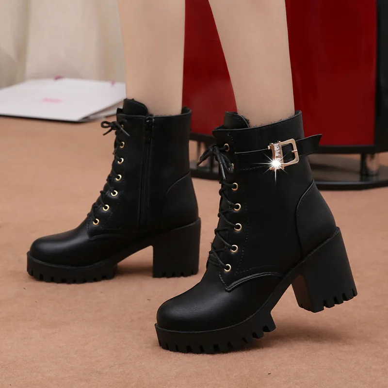 Buty damskie Winter 2024 New Round Toe Thick Bottom Waterproof Platform High Heel Strap Lace Up Middle Ankle Boots Botas Mujer