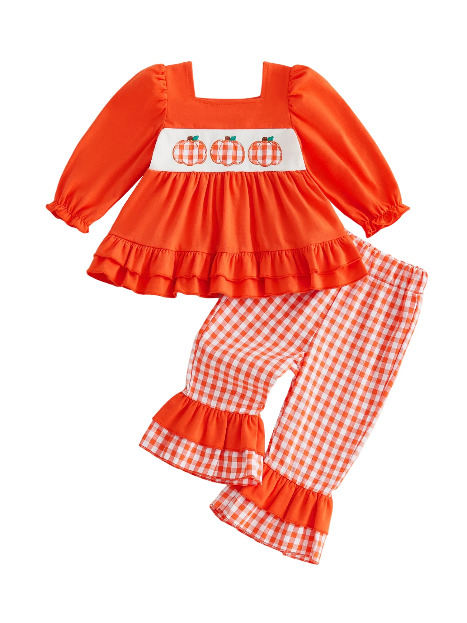 Halloween Outfit With Plaid Embroidery-Tops-With Pumpkin Baby Long Fall Set Girls Premium Toddler Baby Girls