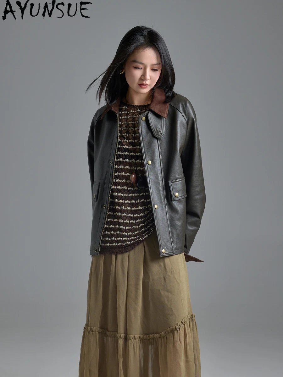 AYUNSUE Top veste en cuir véritable pour femmes 2025 manteau en peau de mouton véritable pour femmes Vintage printemps automne vêtements tout bronzage des plantes