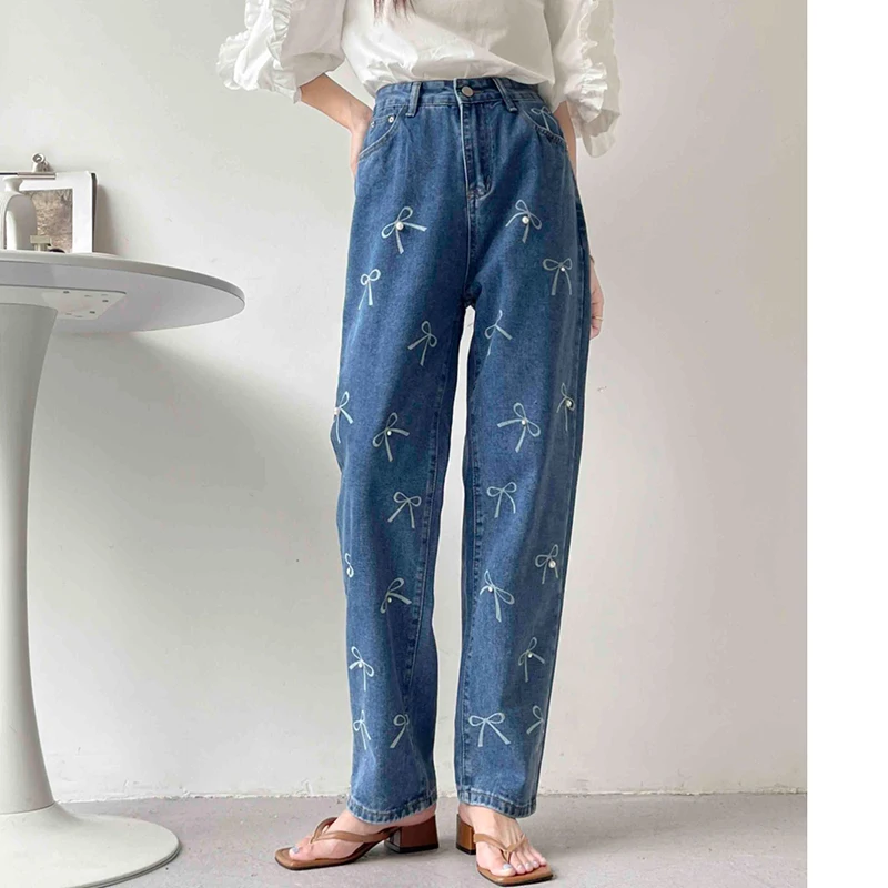 

90s Vintage Beaded Printed Jeans Women 2024 Fashion High Waist Straight Denim Pants Female Casual Trouers Y2K Baggy Jeans