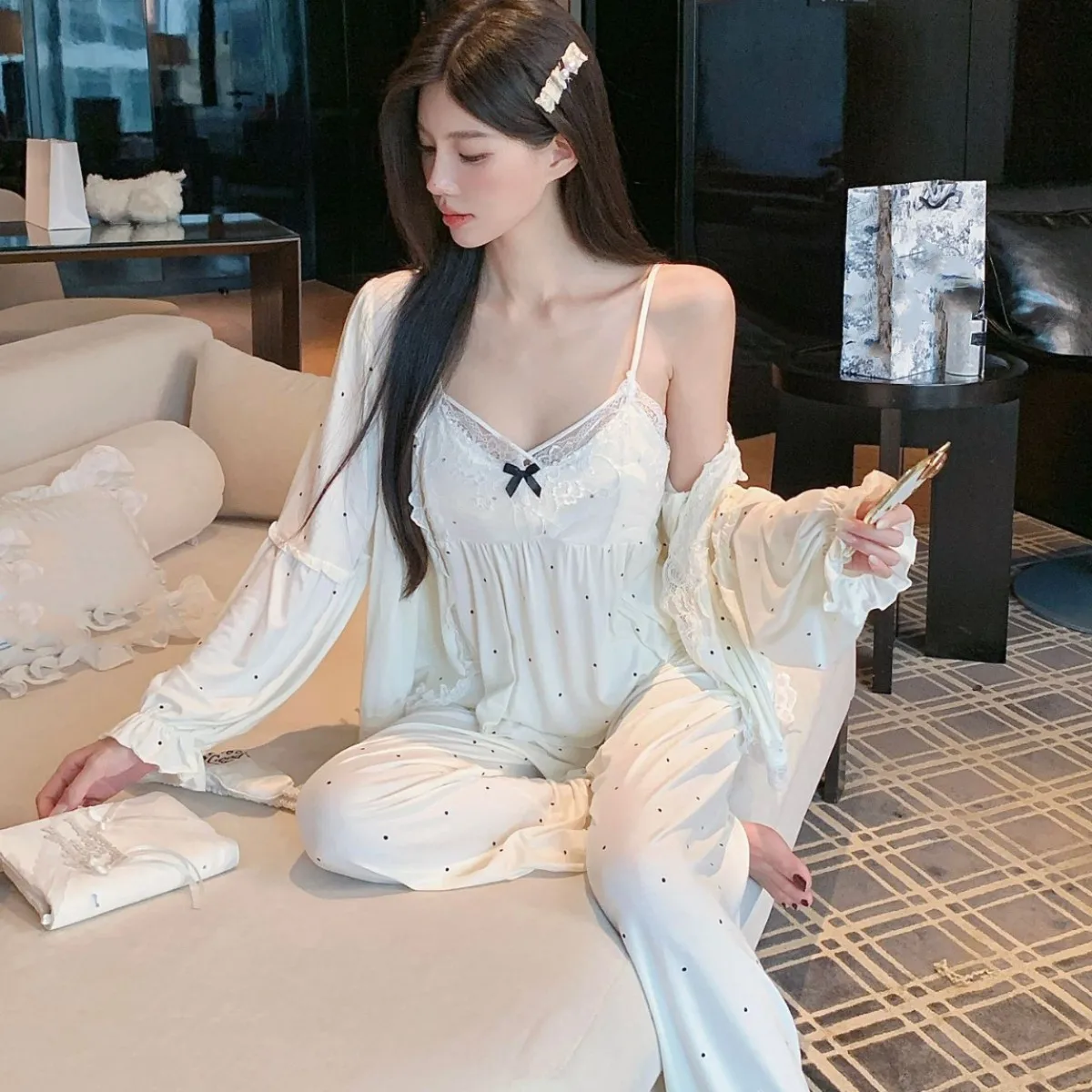 

Женский комплект пижам из 3 предметов: элегантная домашняя одежда в горошек из модала для сна и отдыха