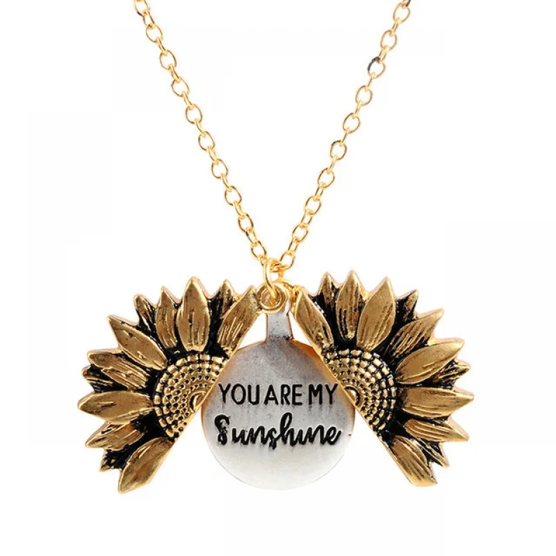 Vintage Open Locket Sunflower Necklace Engraved You Are My Sunshine Flower Floral Pendant Necklace Unique Party Jewelry Gifts