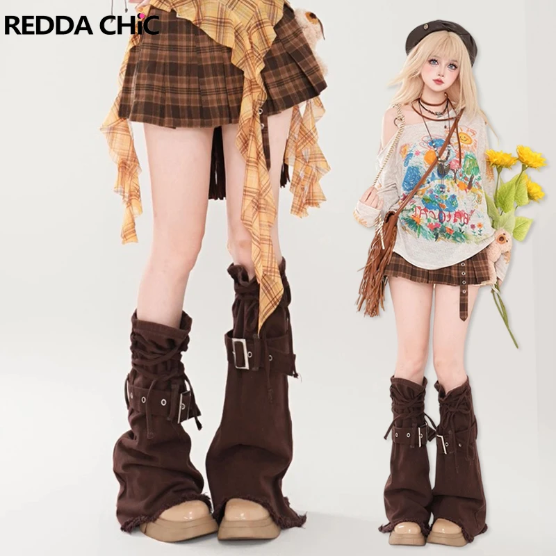 

REDDACHiC Chocolate Leg Warmers Women Denim Solid Belted Bandage Knee-long Flared Boots Covers Party Concert Vintage Clothes