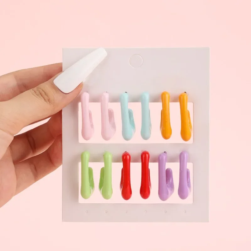 

6 Pairs of New Multi-color Resin C-shaped Women's Ear Rings, Simple and Atmospheric Irregular Ear Ring Set