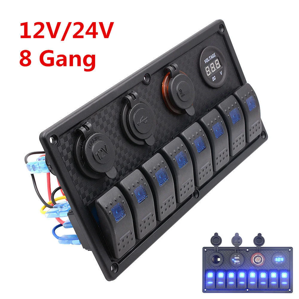 8 Gang Rocker Switch Panel Car Boat Voltmeter Cigarette Lighter Socket Dual USB Charging Ports Breakers for 12-24V Ship RV