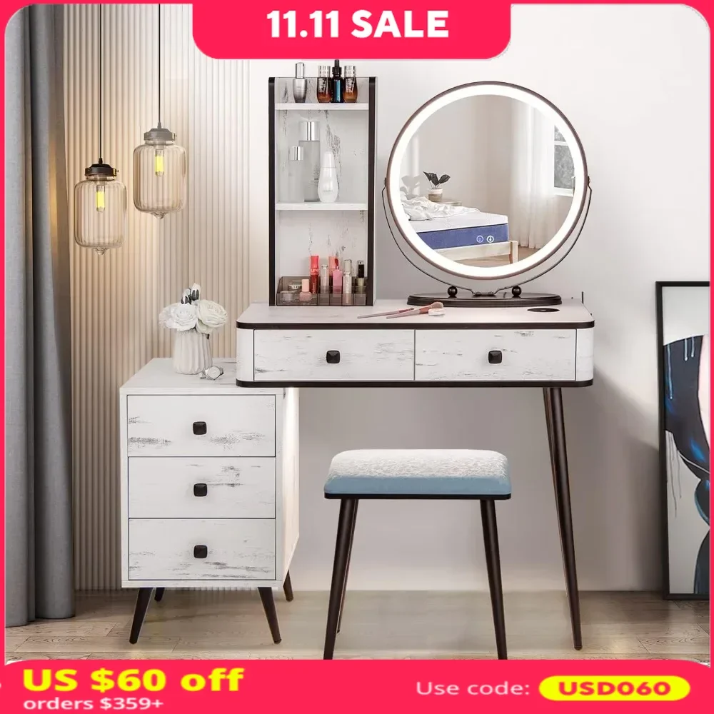 Vanity Table Set with 3-Color Lighted Mirror & Charging Station, Makeup Table Cushioned Stool Set, Human Body Induction Dressers