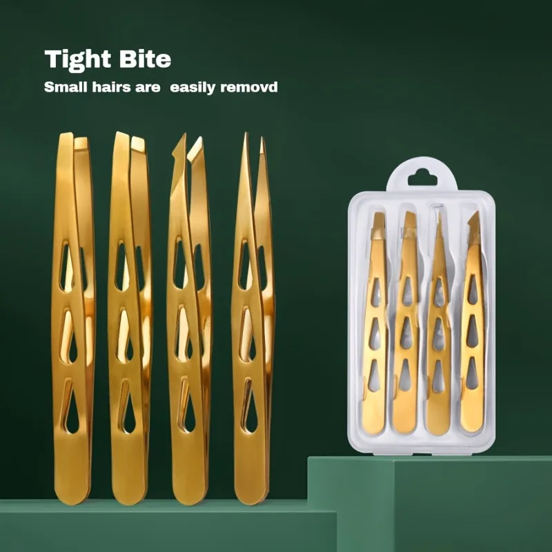 4Pcs Hollow Golden Eyebrow Tweezers Set, Stainless Steel Precision Tweezers for Eyebrow Shaping & Facial Hair Removal