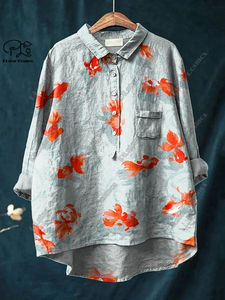 PLstar Cosmos new 3D printed carp whale sardine lobster women's fun casual loose open tube shirt K-1