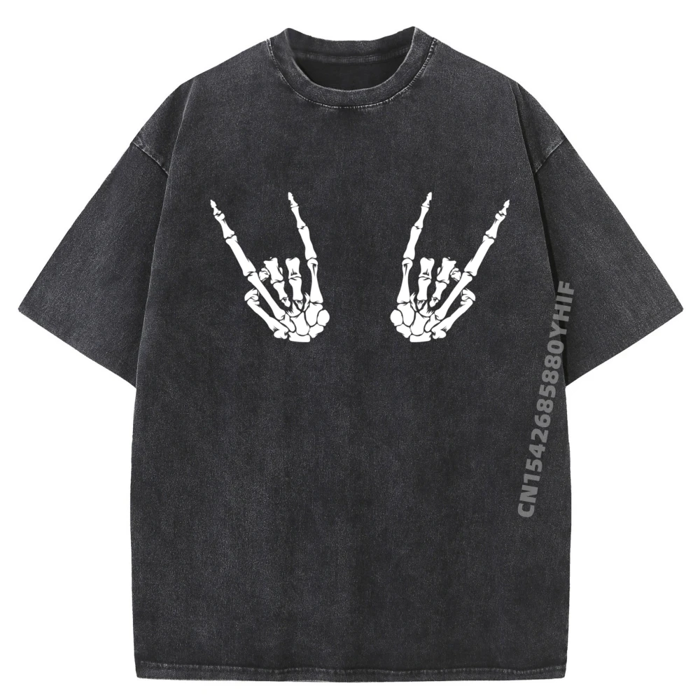 

New Arrival Washed Shirt Funny On Skeleton Hands Men Cool Sign Horns Men Clothes Oversized T Shirt Men Printed Tee Shirt