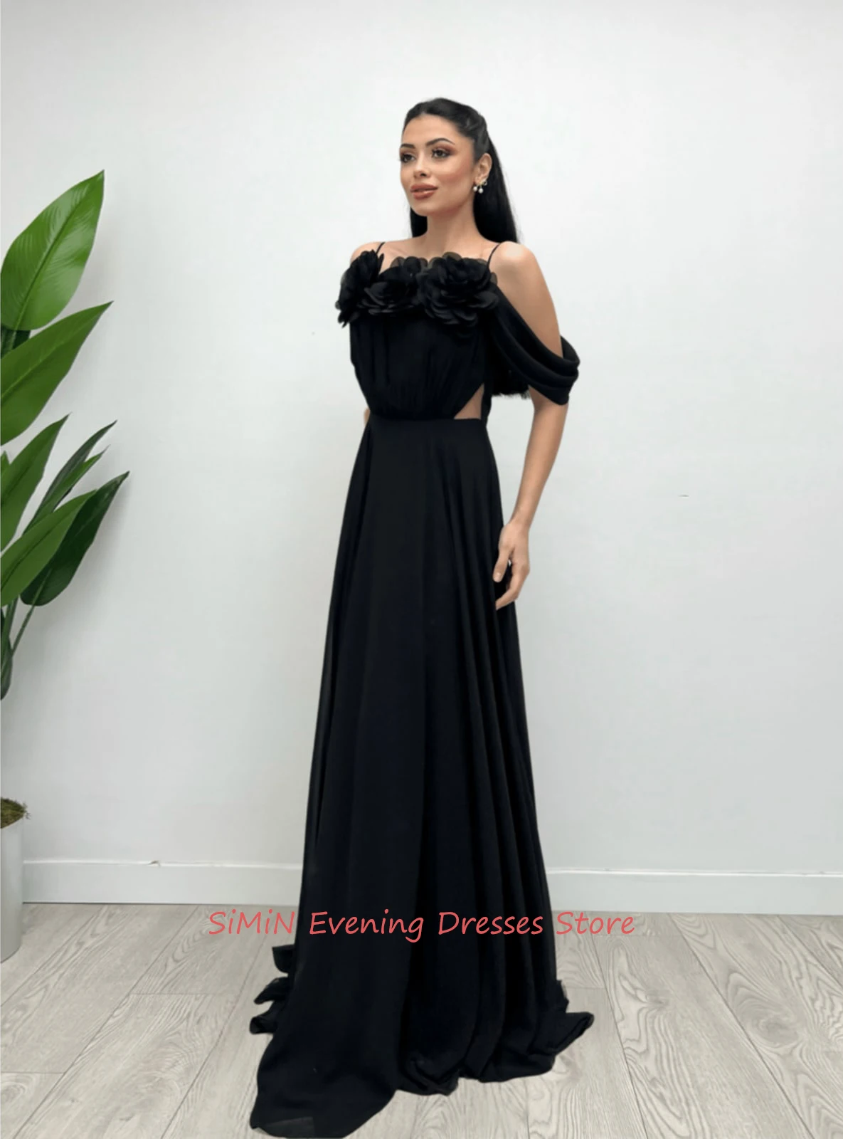 Spaghetti Straps A-Line Zipper-Up Flower Pleats Sleeveless Floor-Length Saudi Arab Evening Elegant Party dresses for women 2024