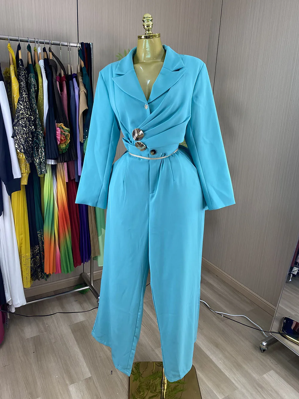 Elegant Plus-Size Business Two-Piece Set: Blazer with Crisscross Wrap and Ruched Waist-GZXX1192