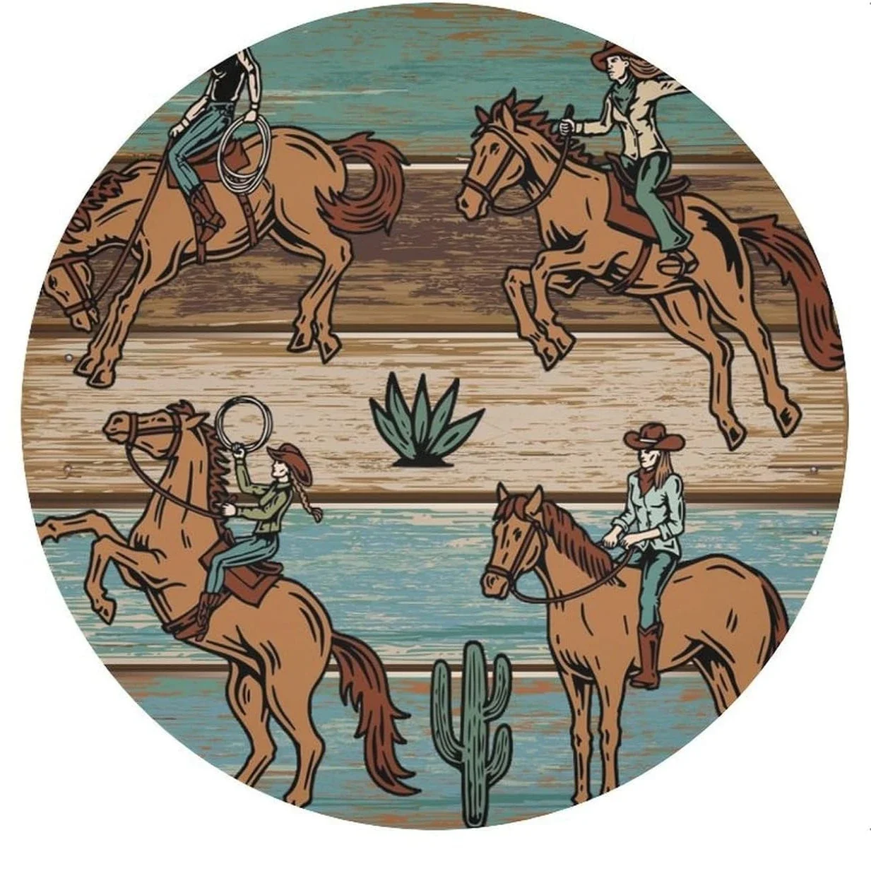 Vintage Western Cowboy Wooden Circle Tablecloth - Cactus Desert Cowgirl Riding Horse Rustic Party Dining Cover