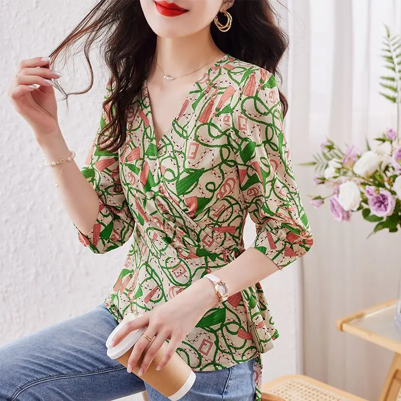 Women Summer Clothing 2023 New Korean Fashion Print Lace Up Elegant Blouses Casual V Neck 3/4 Sleeve Shirts Chic Slim Tops Blusa